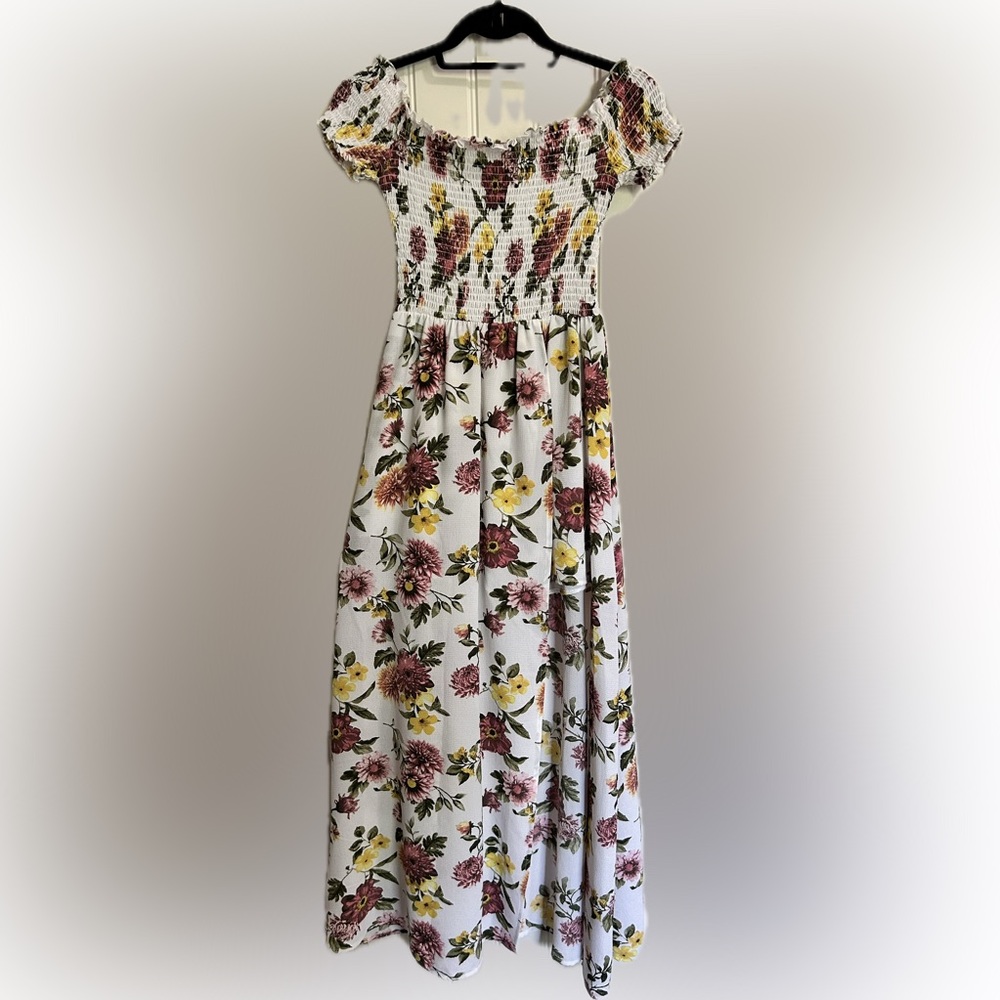 Medium J for Justify white floral off the shoulder romper w/ maxi dress overlay